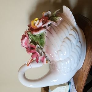 Vintage Capodimonte Large Swan with Rose Flowers